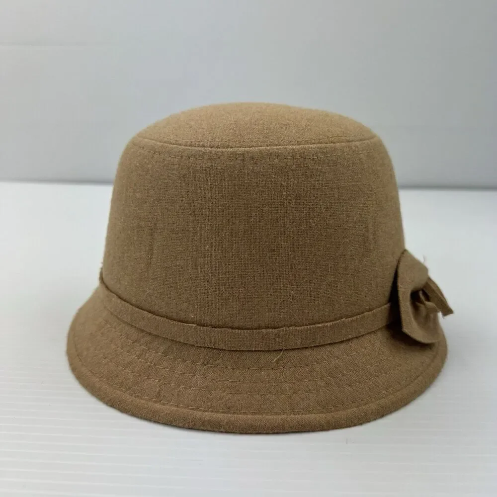 D&Y Camel Cloche Hat Bow Accent Women’s OS Polyester Cotton Blend Vintage Style